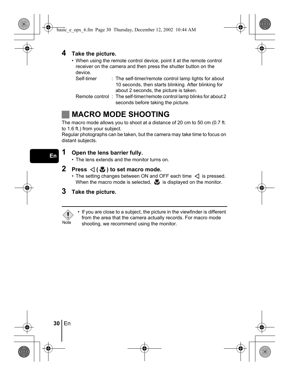 Jmacro mode shooting | Olympus Stylus 400 Digital User Manual | Page 30 / 172