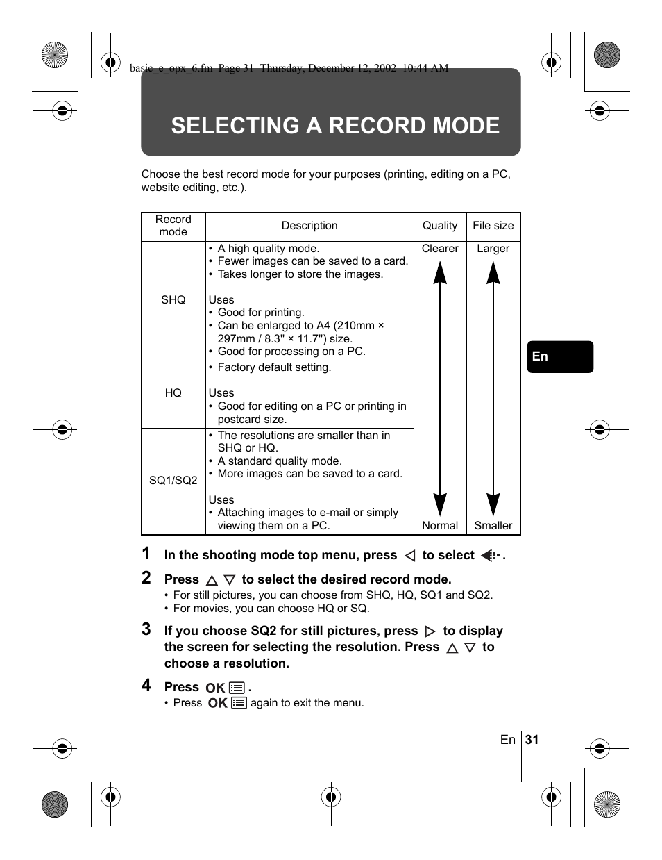 Selecting a record mode | Olympus Stylus 400 Digital User Manual | Page 31 / 172
