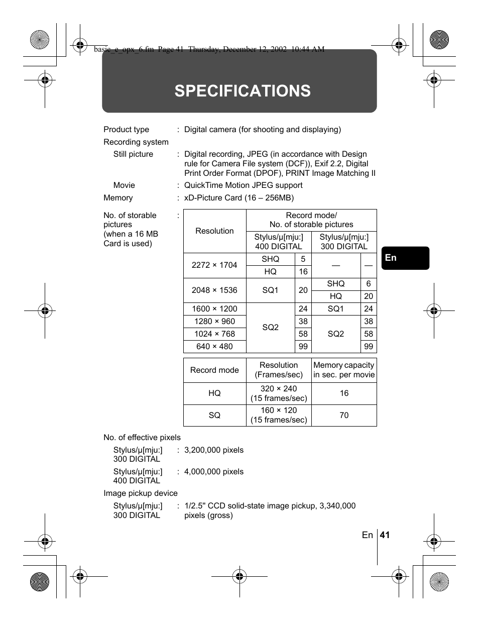 Specifications | Olympus Stylus 400 Digital User Manual | Page 41 / 172