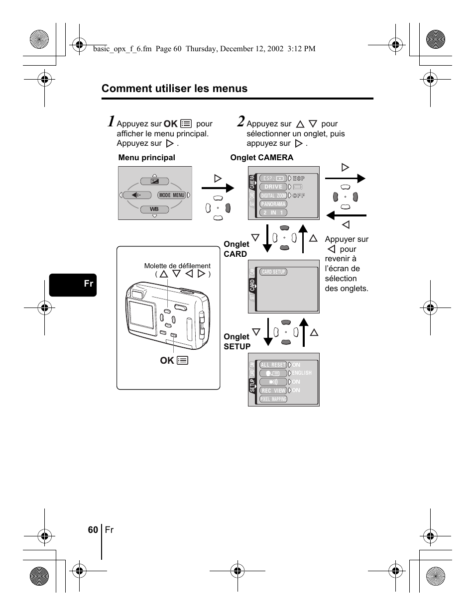 Comment utiliser les menus, 60 fr fr | Olympus Stylus 400 Digital User Manual | Page 60 / 172