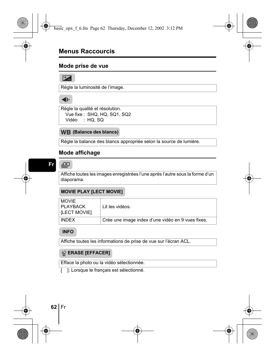 Menus raccourcis | Olympus Stylus 400 Digital User Manual | Page 62 / 172