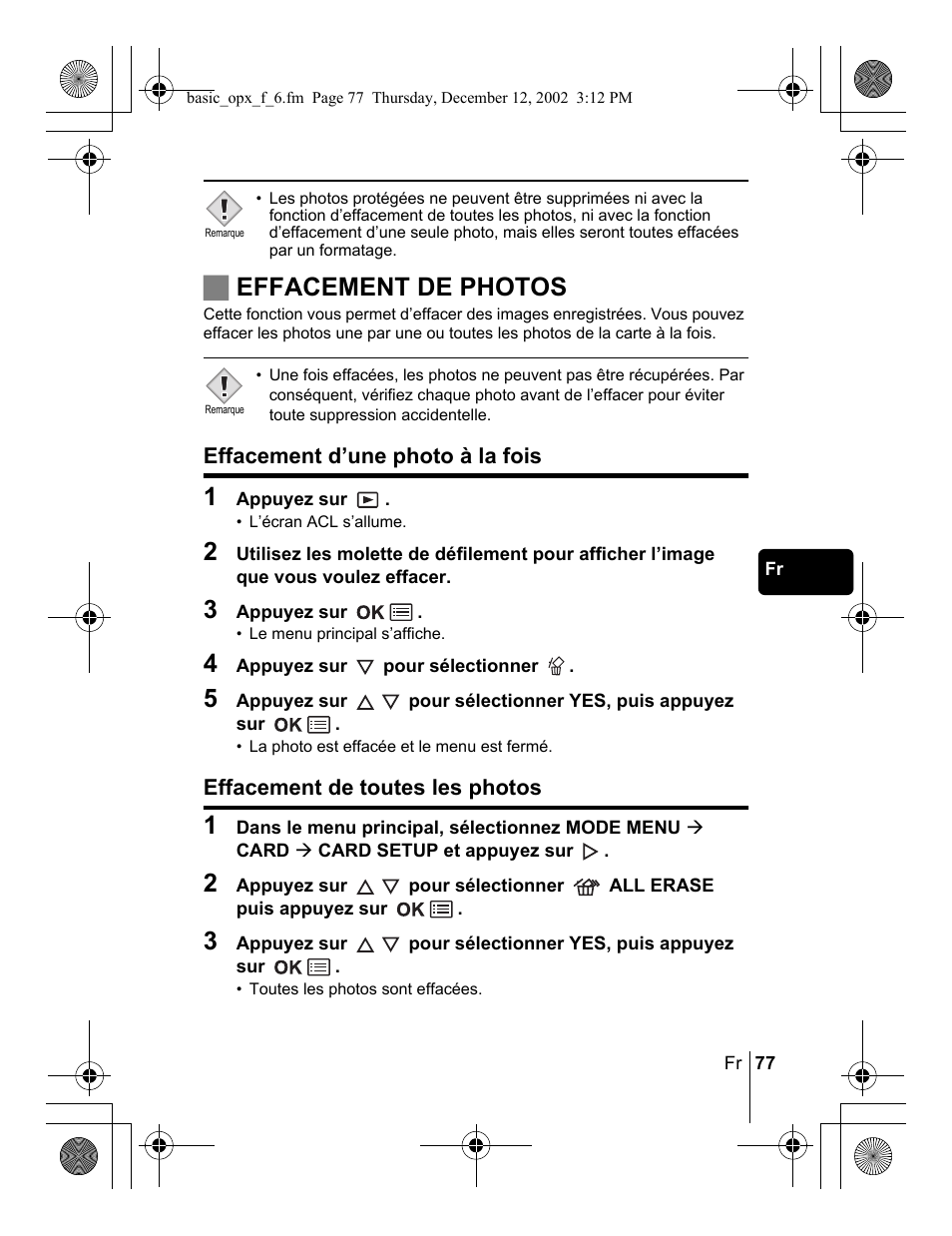 Jeffacement de photos | Olympus Stylus 400 Digital User Manual | Page 77 / 172