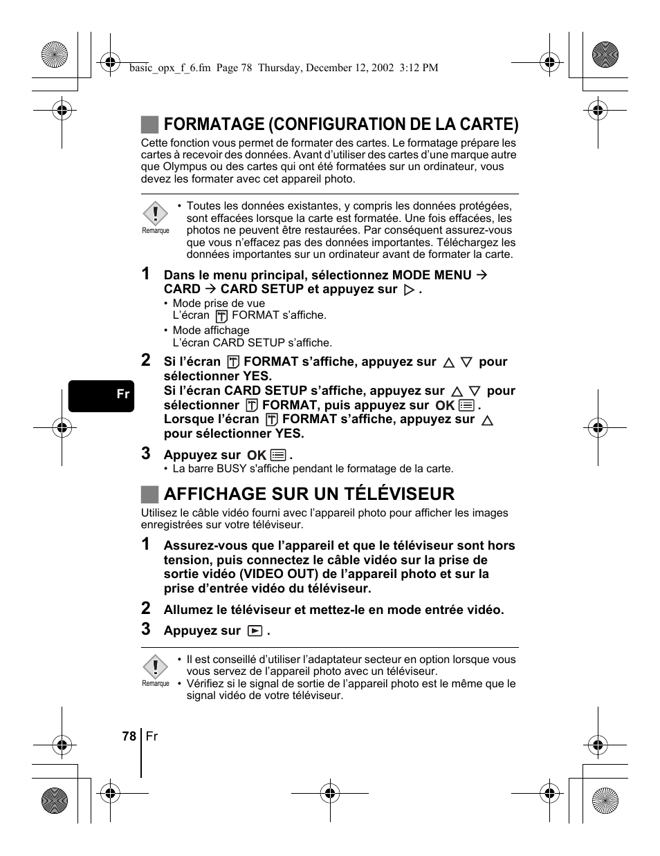 Jformatage (configuration de la carte), Jaffichage sur un téléviseur | Olympus Stylus 400 Digital User Manual | Page 78 / 172