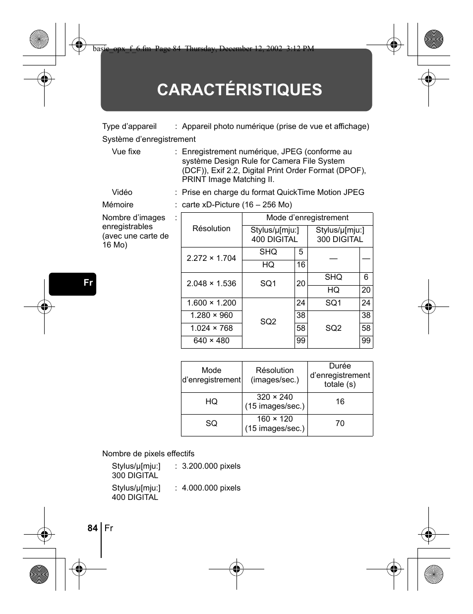 Caractéristiques | Olympus Stylus 400 Digital User Manual | Page 84 / 172