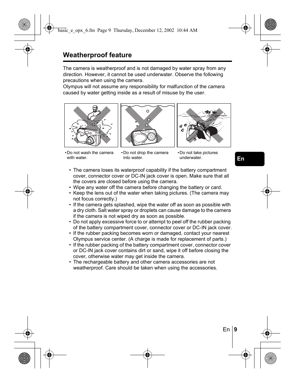 Weatherproof feature | Olympus Stylus 400 Digital User Manual | Page 9 / 172
