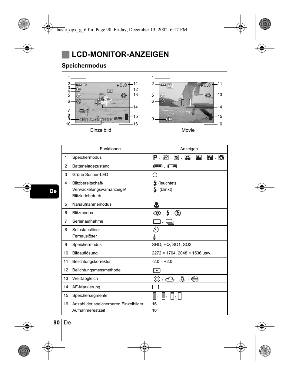 Jlcd-monitor-anzeigen, Speichermodus, 90 de de | Olympus Stylus 400 Digital User Manual | Page 90 / 172