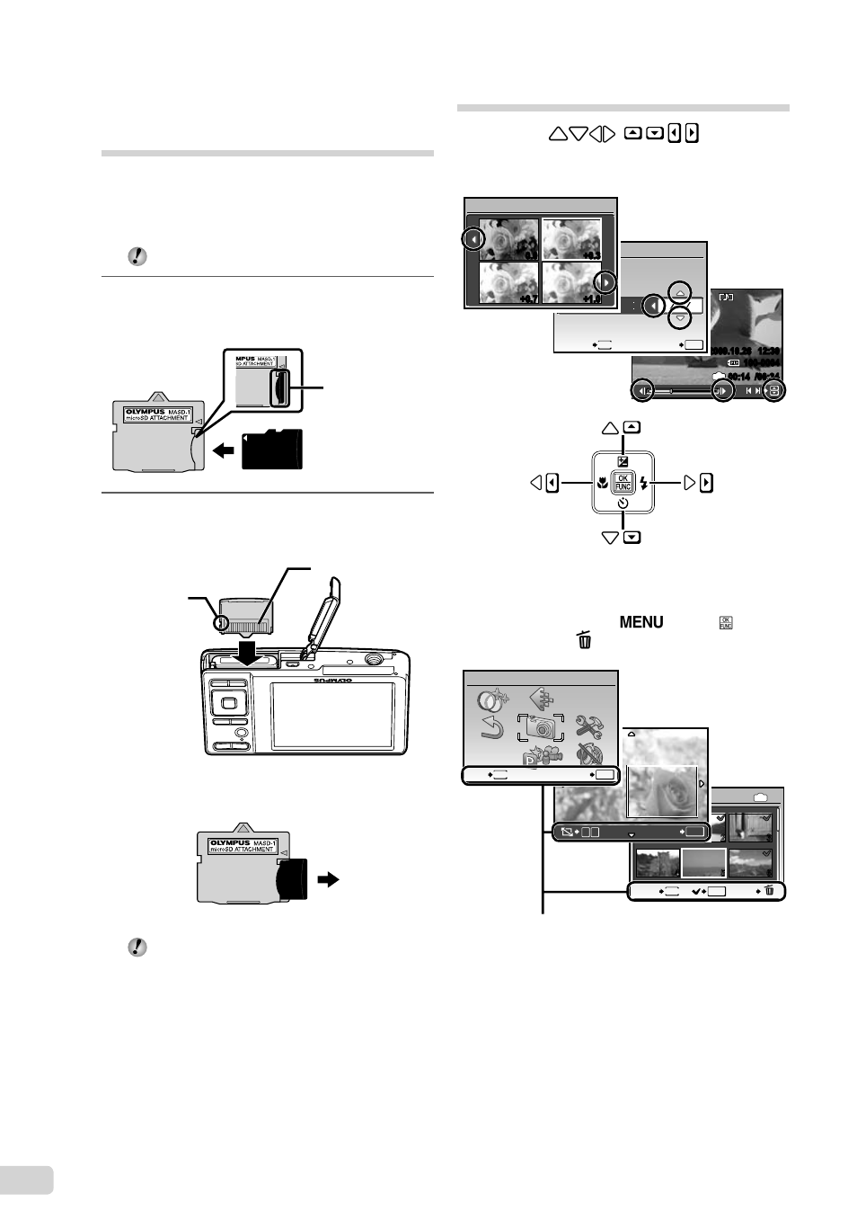 Arrow pad and operation guide, Insert the microsd attachment into the camera | Olympus FE-4000 User Manual | Page 12 / 62