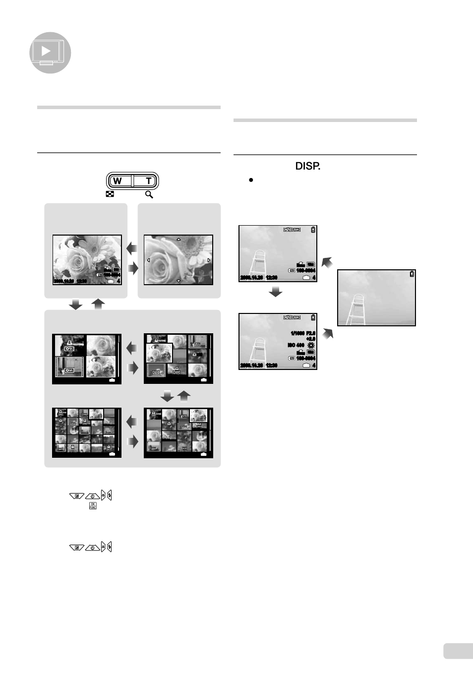 Using playback features, 23 en index view and close-up view, Changing the image information display | Press the zoom buttons, Press the g button, Use klmn to move the viewing area | Olympus FE-4000 User Manual | Page 23 / 62