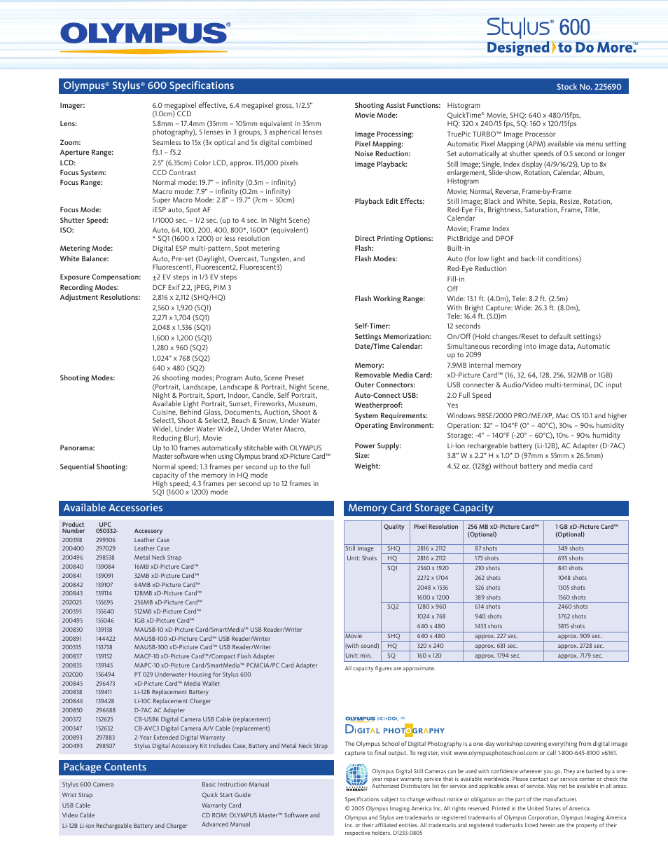 Olympus, Stylus, 600 specifications | Available accessories, Package contents | Olympus Stylus 600 Digital User Manual | Page 2 / 2