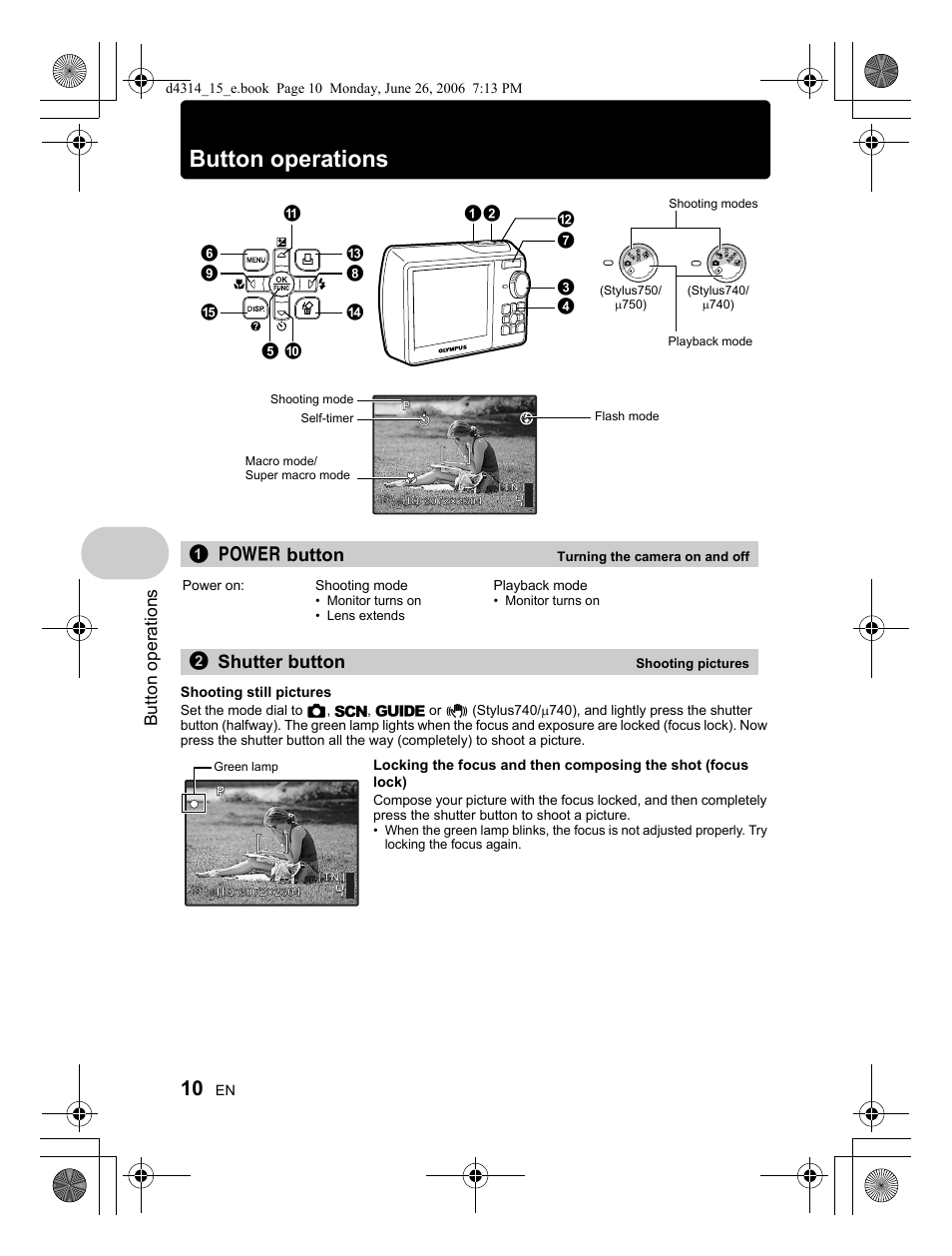 Button operations, 1o button, 2shutter button | Olympus Stylus 740 User Manual | Page 10 / 80