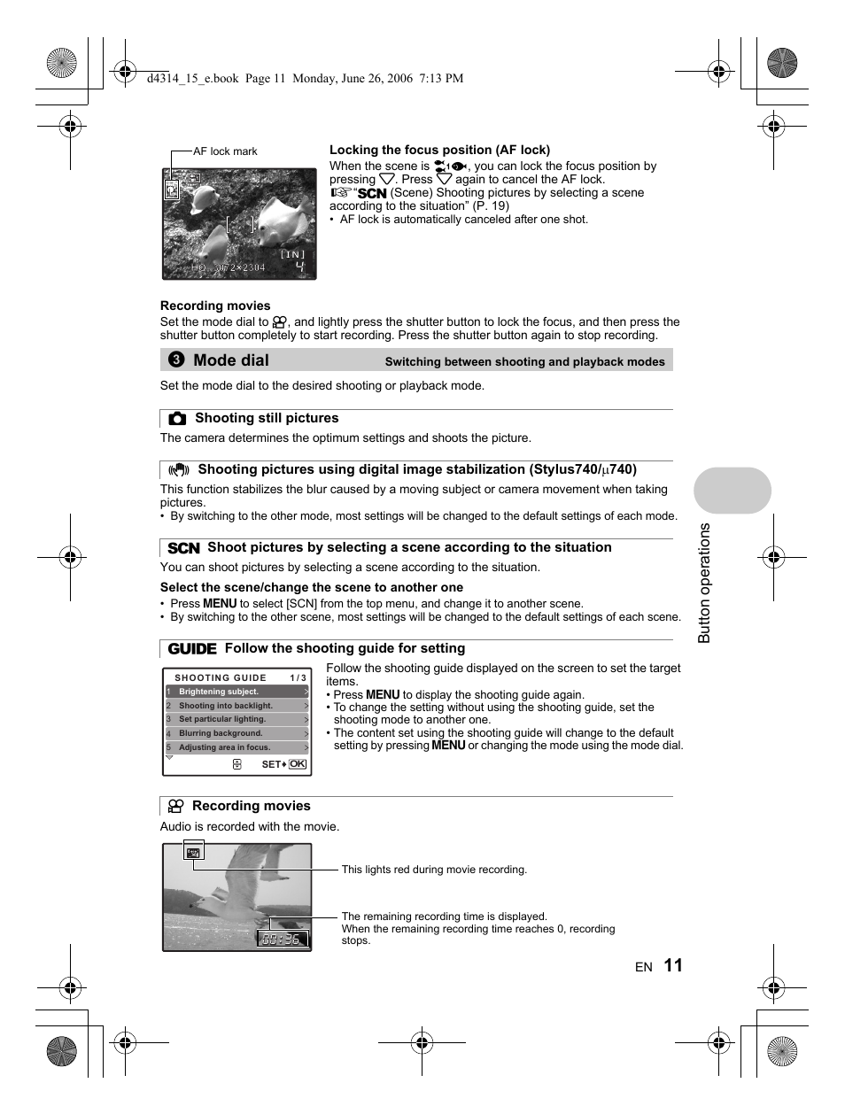 3mode dial, Button operations | Olympus Stylus 740 User Manual | Page 11 / 80