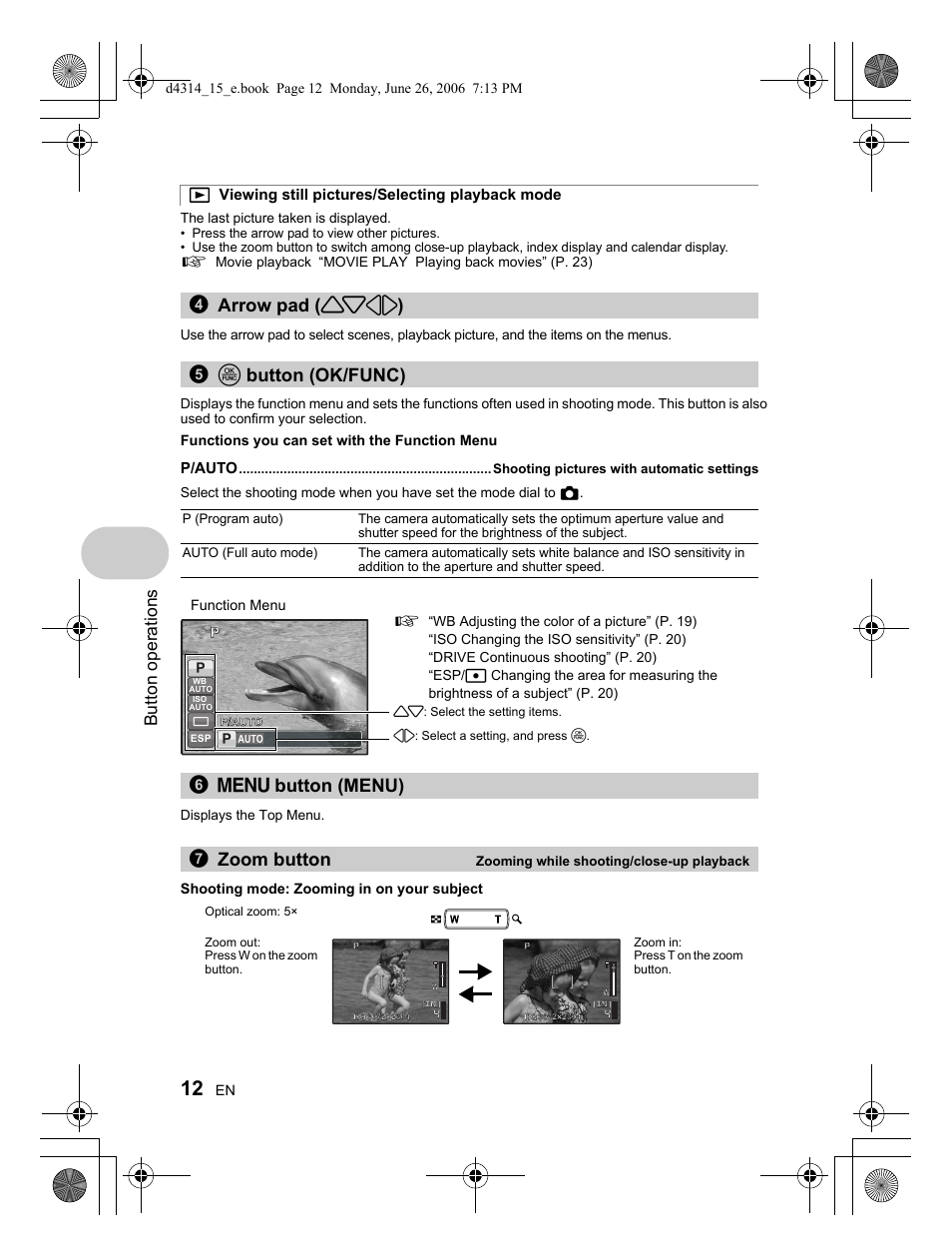 6m button (menu) 7 zoom button, Button operations | Olympus Stylus 740 User Manual | Page 12 / 80