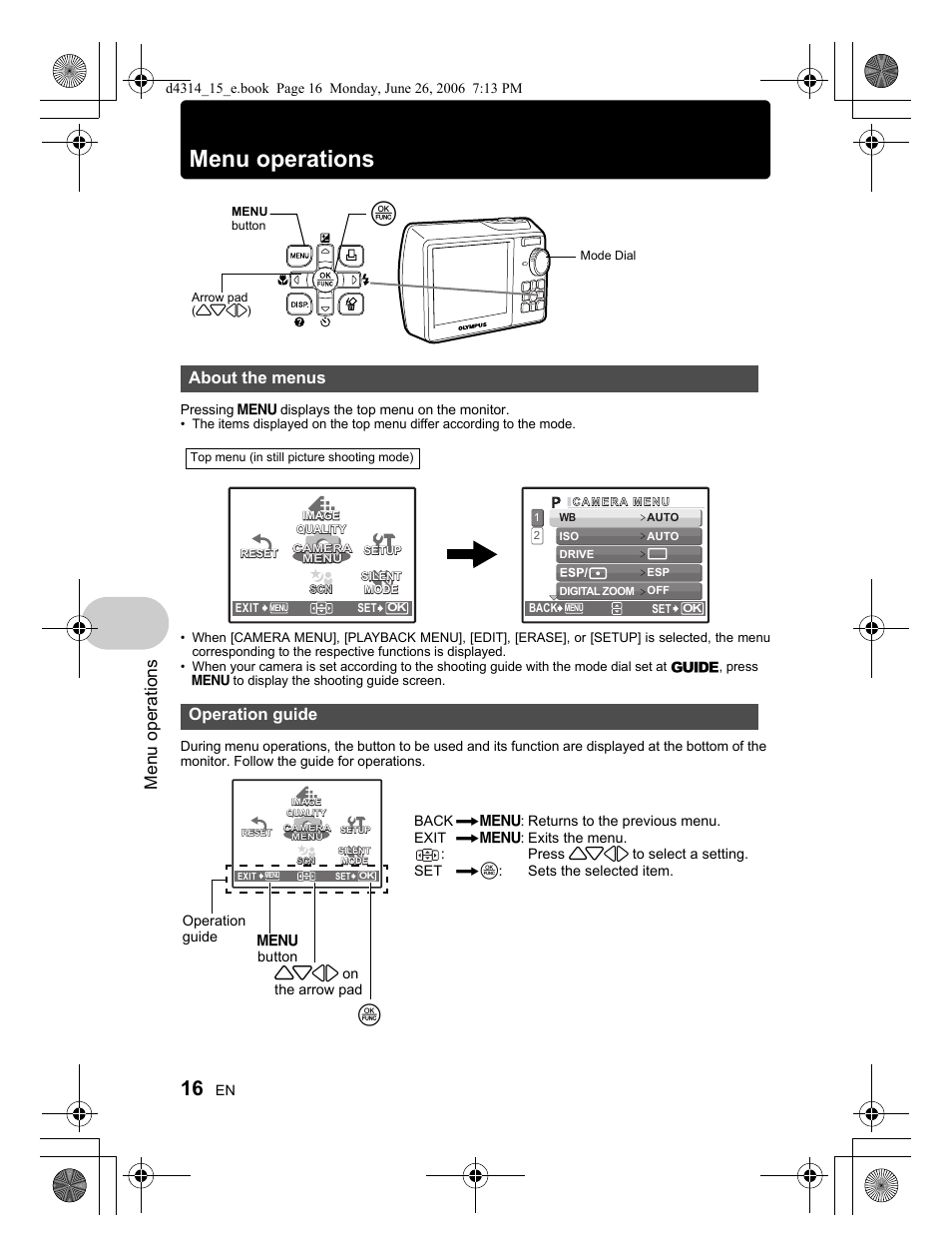 Menu operations, About the menus operation guide | Olympus Stylus 740 User Manual | Page 16 / 80