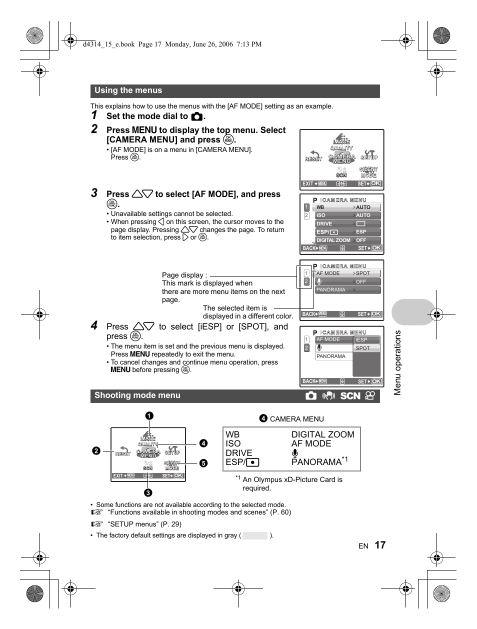 Menu operations, Set the mode dial to k, Press 12 to select [af mode], and press o | Press 12 to select [iesp] or [spot], and press o, Wb iso drive esp/n digital zoom af mode r panorama | Olympus Stylus 740 User Manual | Page 17 / 80