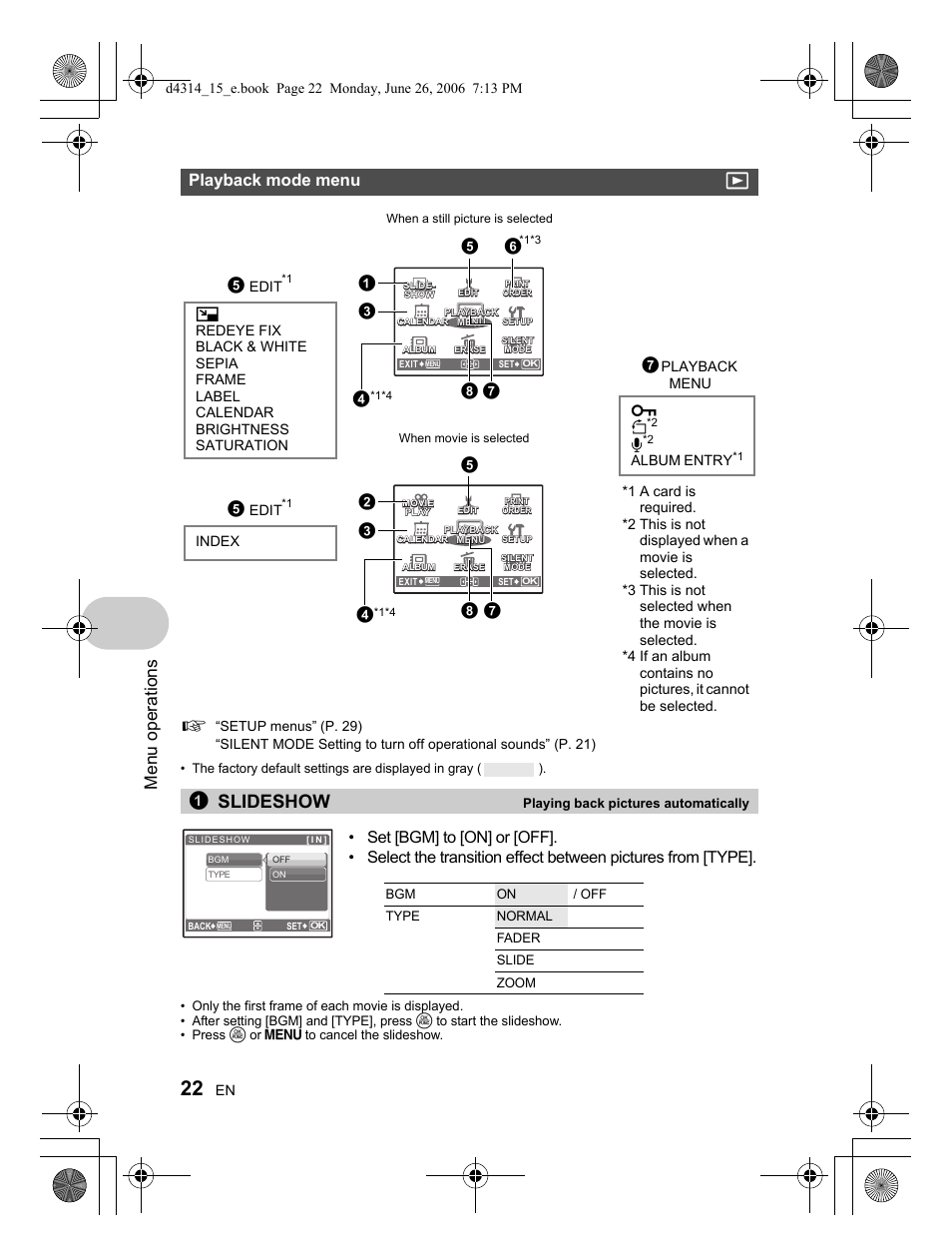 1slideshow, Menu operations, Playback mode menu q | Olympus Stylus 740 User Manual | Page 22 / 80