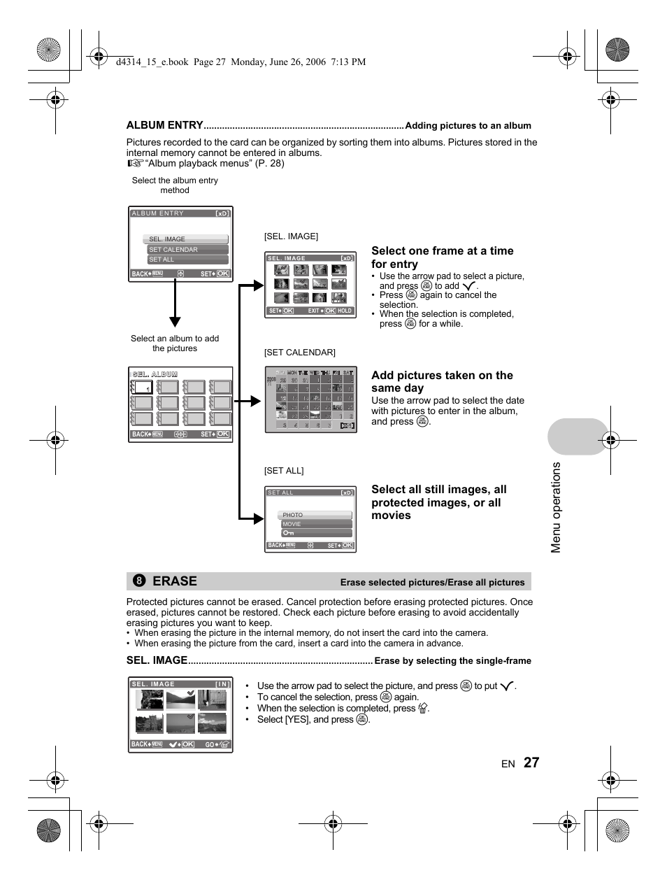 8erase, Menu operations, Select one frame at a time for entry | Add pictures taken on the same day, Album entry, Sel. image | Olympus Stylus 740 User Manual | Page 27 / 80
