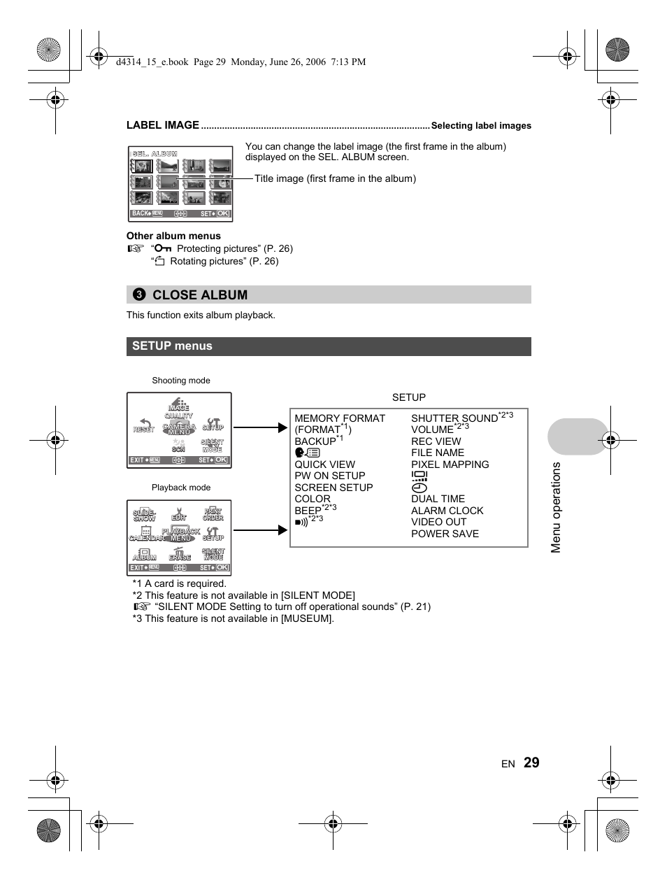 3close album, Menu operations, Setup menus | Label image, Other album menus, Title image (first frame in the album), Backup, W quick view pw on setup screen setup color beep, Shutter sound, Volume | Olympus Stylus 740 User Manual | Page 29 / 80