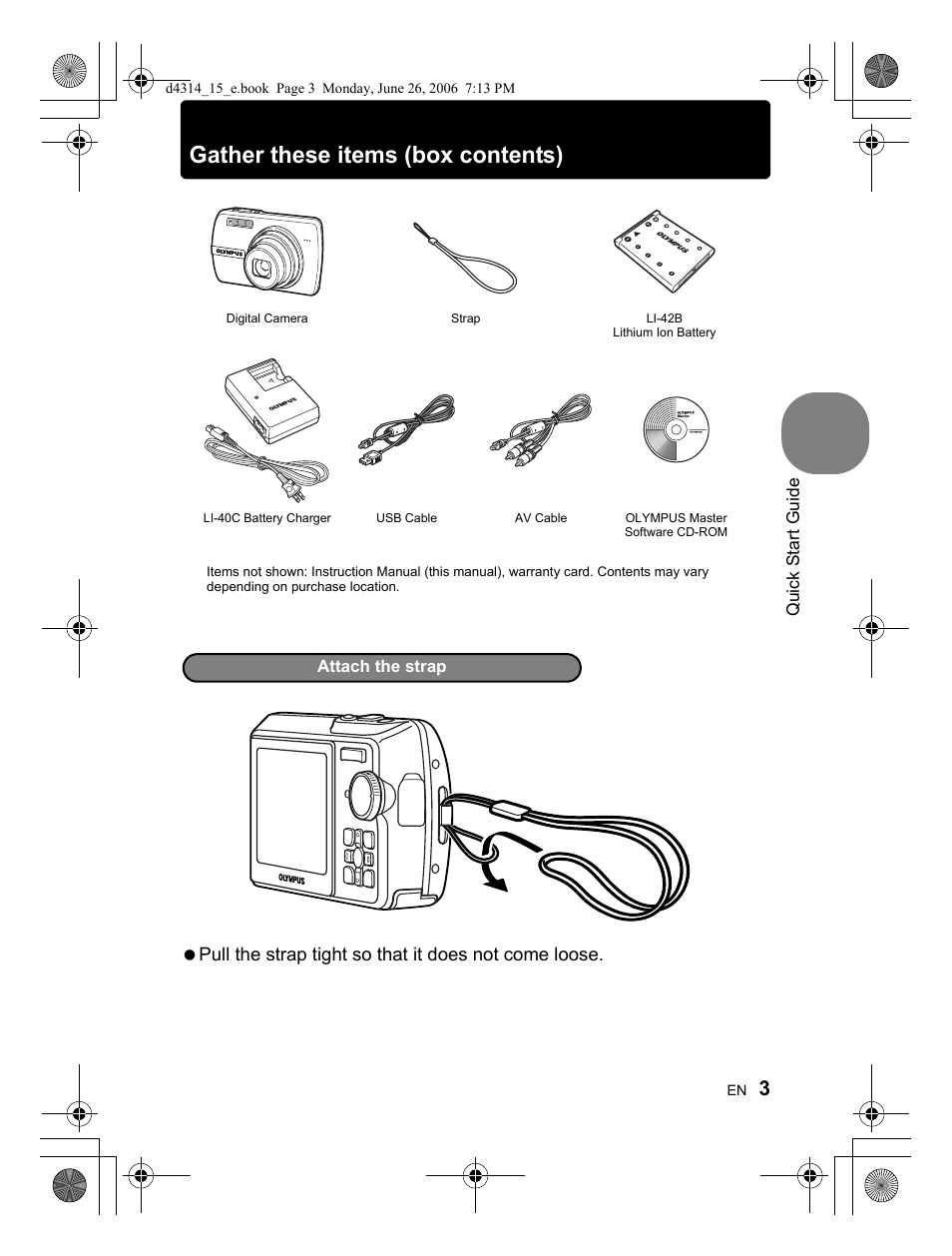 Gather these items (box contents) | Olympus Stylus 740 User Manual | Page 3 / 80