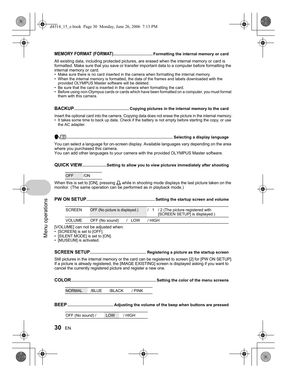 Menu operations | Olympus Stylus 740 User Manual | Page 30 / 80