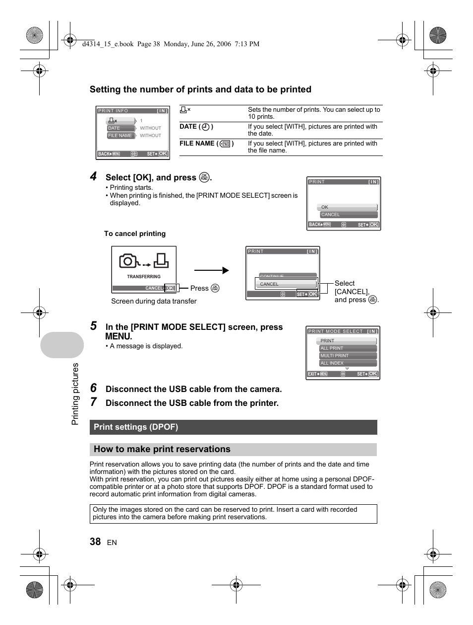 How to make print reservations, Printing pictures, Select [ok], and press o | Disconnect the usb cable from the camera, Disconnect the usb cable from the printer, Print settings (dpof) | Olympus Stylus 740 User Manual | Page 38 / 80