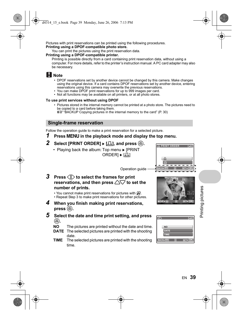 Single-frame reservation, Printing pictures, Select [print order] [ < ], and press o | When you finish making print reservations, press o | Olympus Stylus 740 User Manual | Page 39 / 80