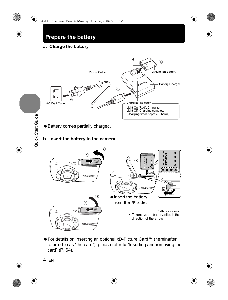 Prepare the battery | Olympus Stylus 740 User Manual | Page 4 / 80