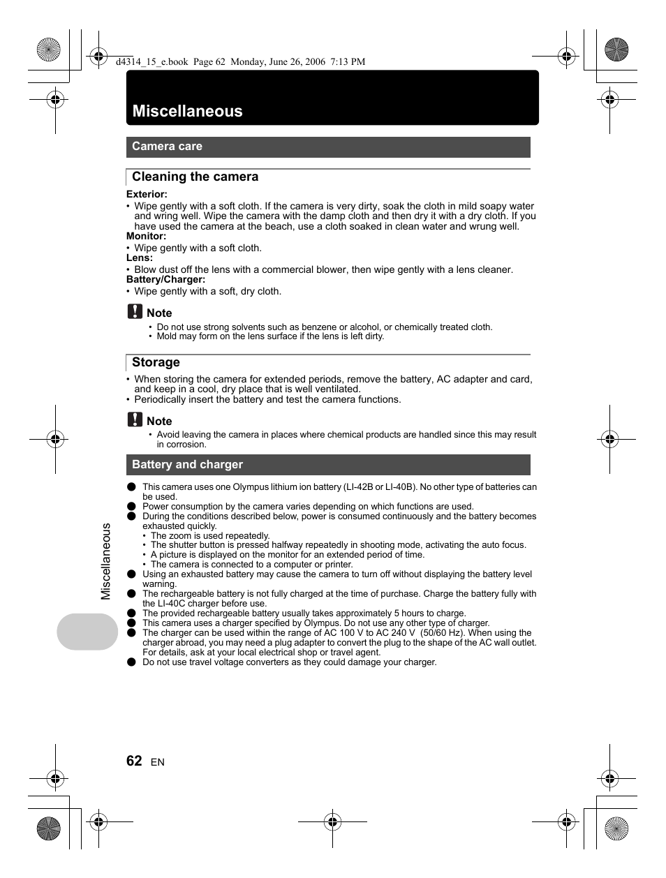 Miscellaneous, Cleaning the camera storage | Olympus Stylus 740 User Manual | Page 62 / 80