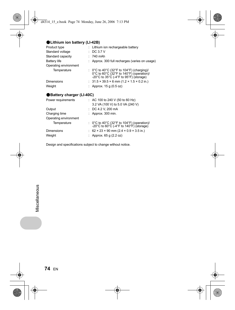 Miscellaneous | Olympus Stylus 740 User Manual | Page 74 / 80