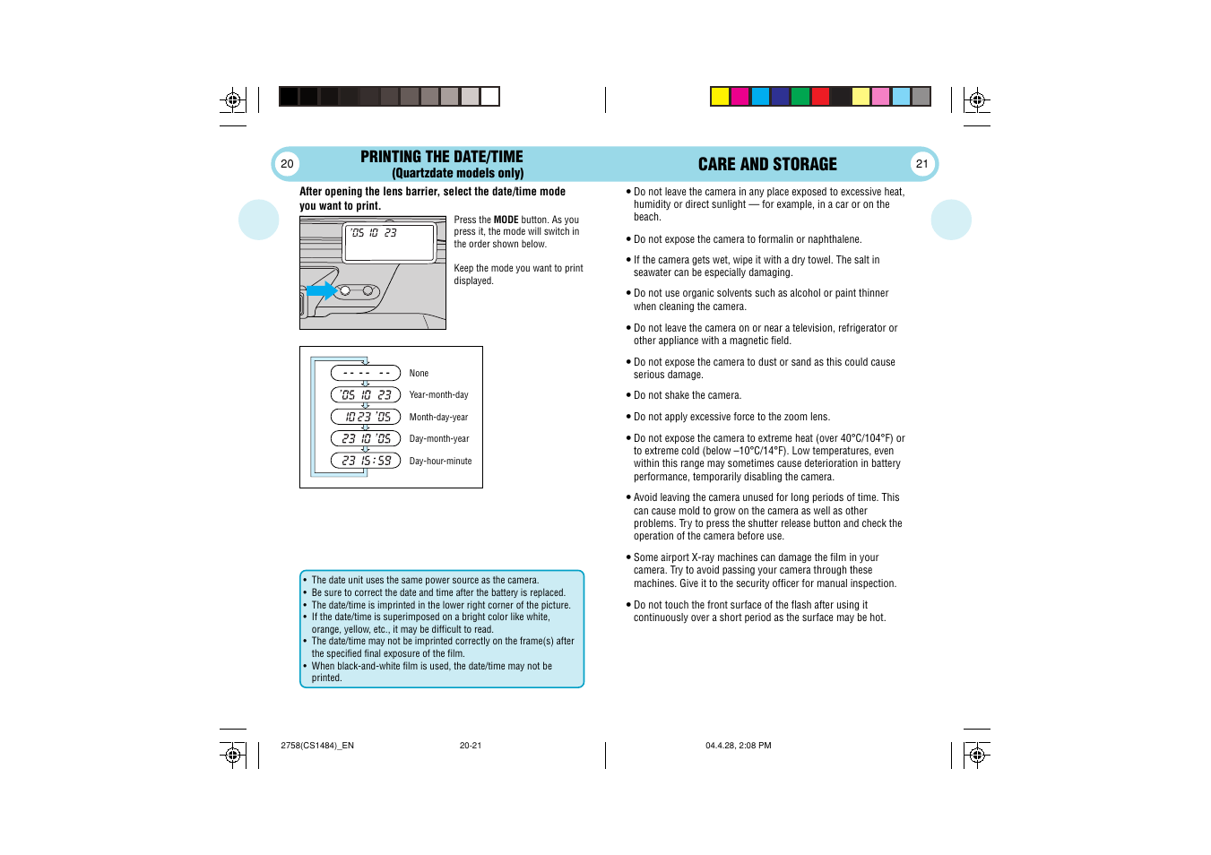 Care and storage, Printing the date/time | Olympus Stylus 80 User Manual | Page 11 / 13