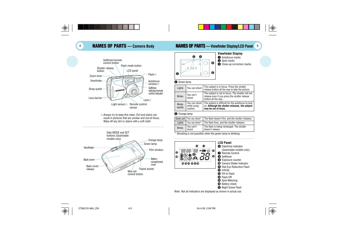 Names of parts, Camera body, Viewfinder display/lcd panel | Olympus Stylus 80 User Manual | Page 3 / 13