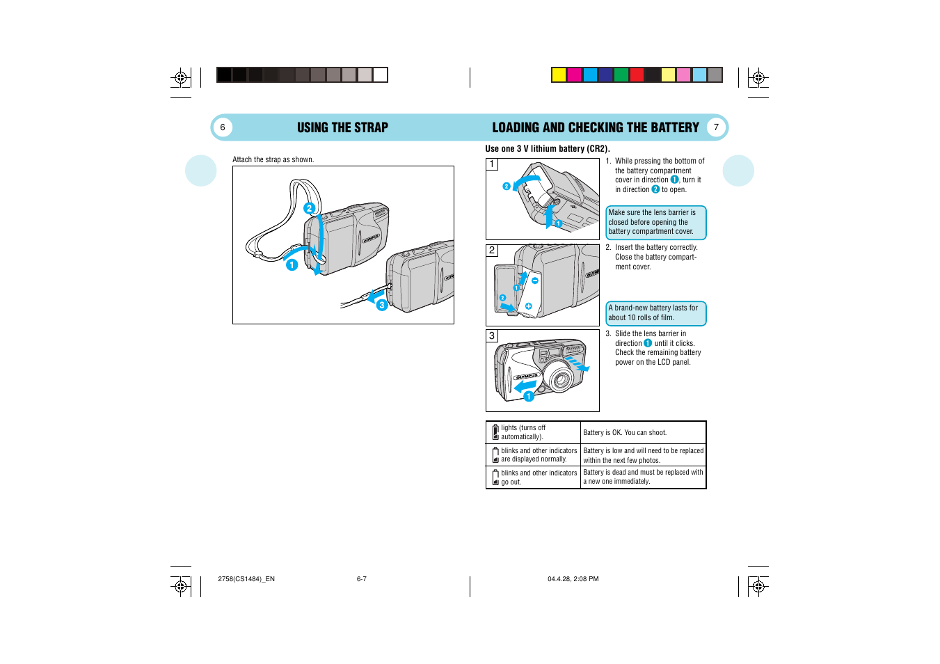 Using the strap, Loading and checking the battery | Olympus Stylus 80 User Manual | Page 4 / 13