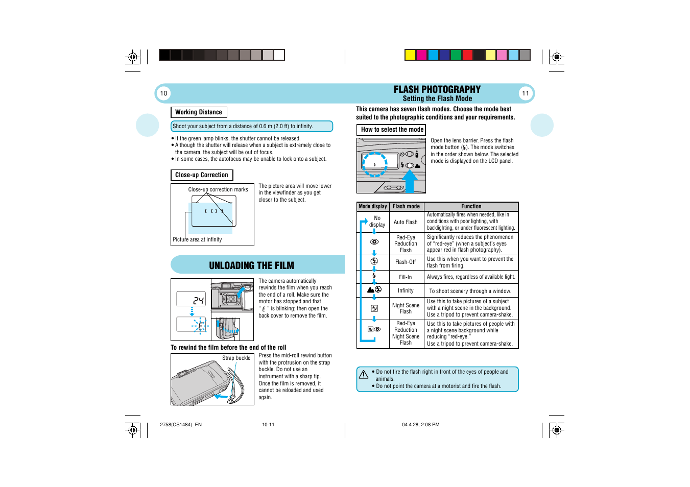 Unloading the film, Flash photography | Olympus Stylus 80 User Manual | Page 6 / 13