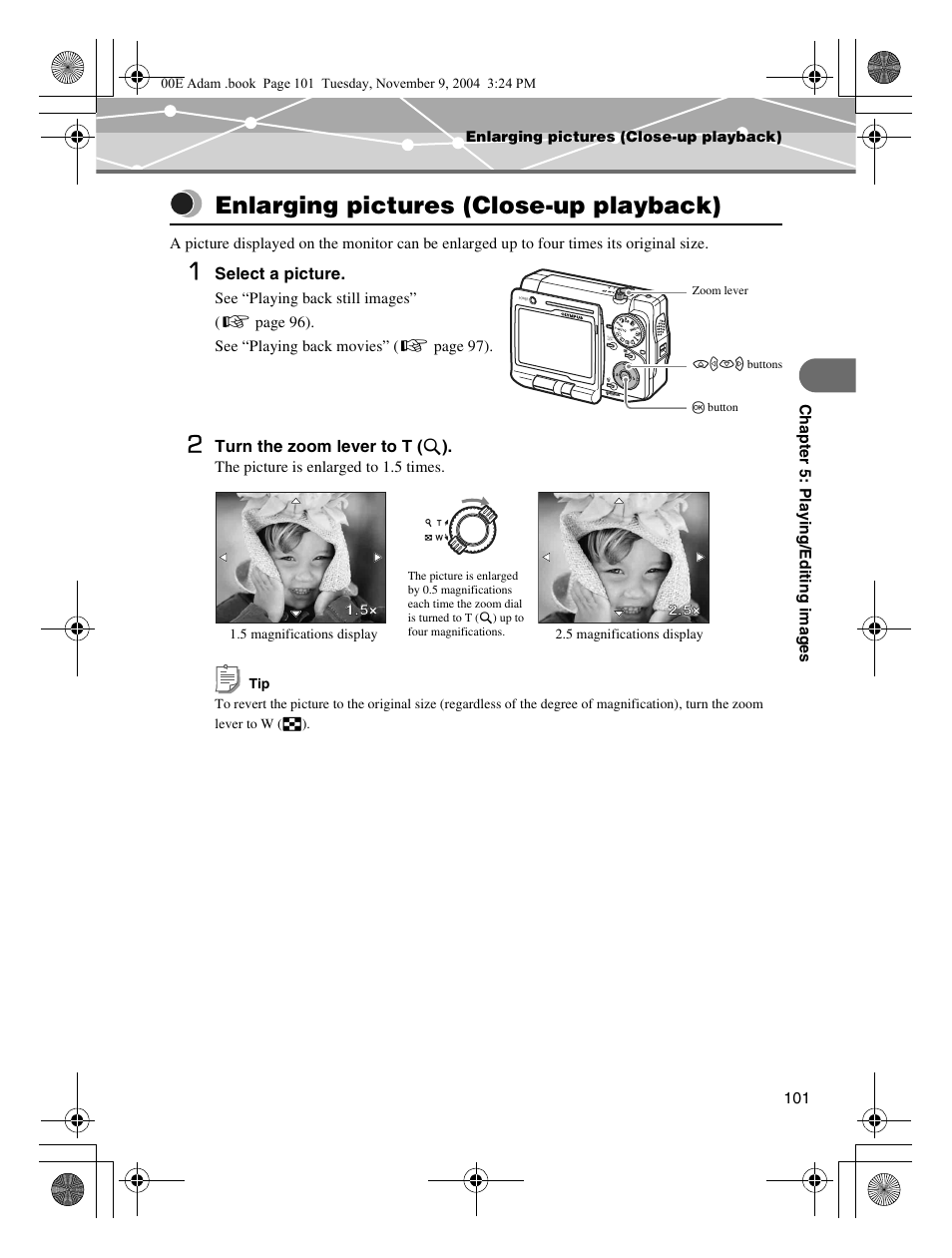 Enlarging pictures (close-up playback) | Olympus IR-500 User Manual | Page 101 / 259