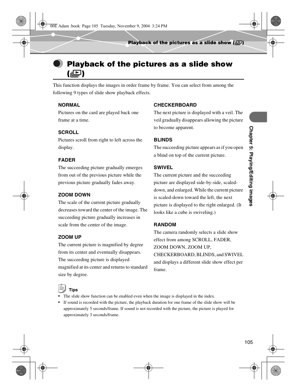 Playback of the pictures as a slide show (m), Playback of the pictures as a slide show ( m ) | Olympus IR-500 User Manual | Page 105 / 259