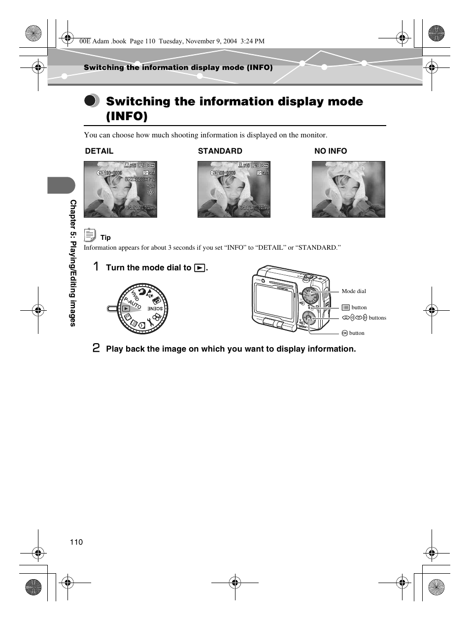 Switching the information display mode (info), E “switching the, Information display mode (info) | Olympus IR-500 User Manual | Page 110 / 259