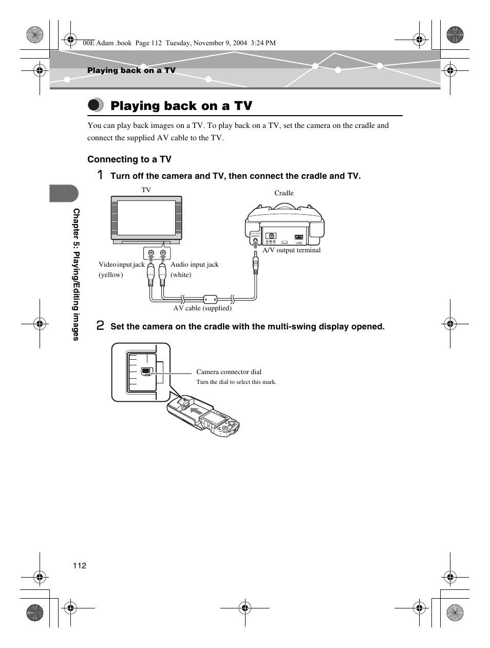 Playing back on a tv, Connecting to a tv | Olympus IR-500 User Manual | Page 112 / 259