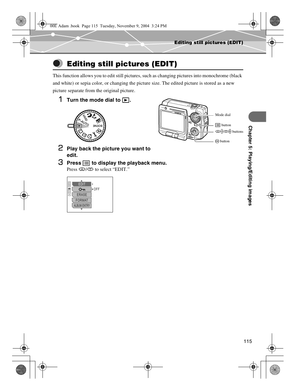 Editing still pictures (edit) | Olympus IR-500 User Manual | Page 115 / 259