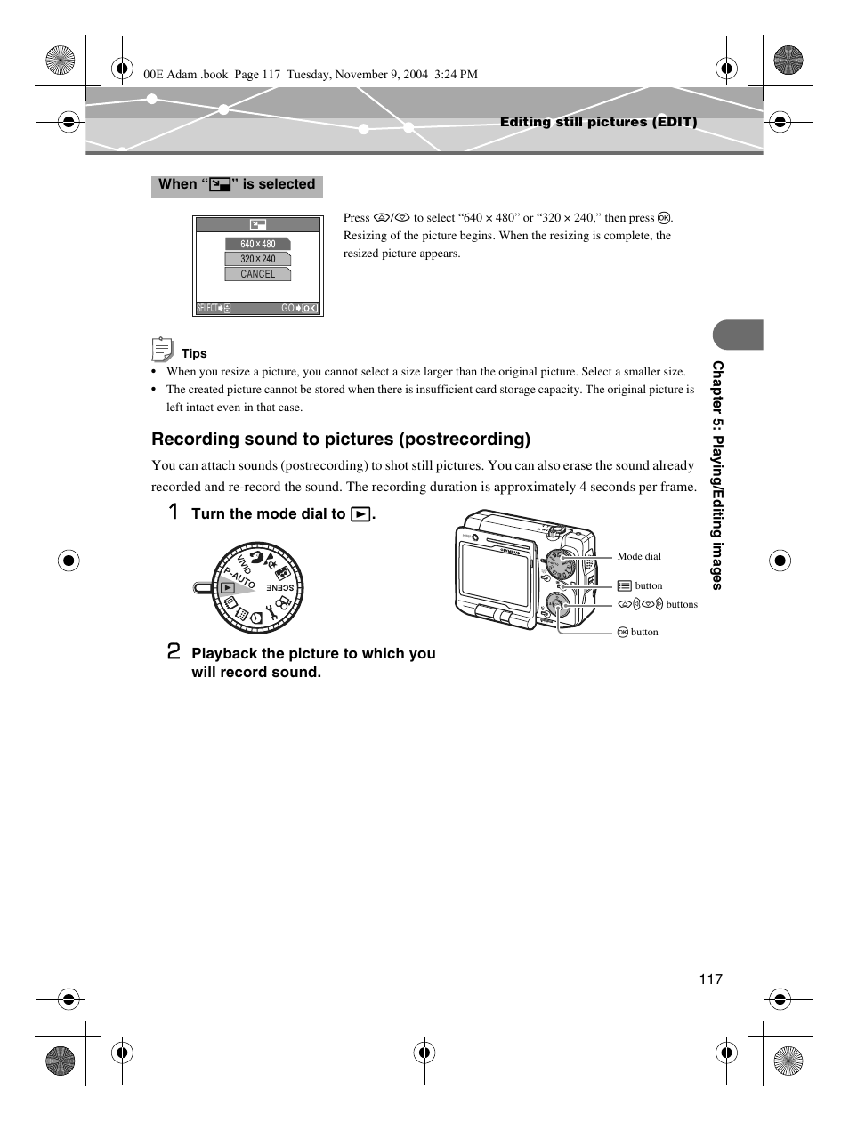 Recording sound to pictures (postrecording) | Olympus IR-500 User Manual | Page 117 / 259