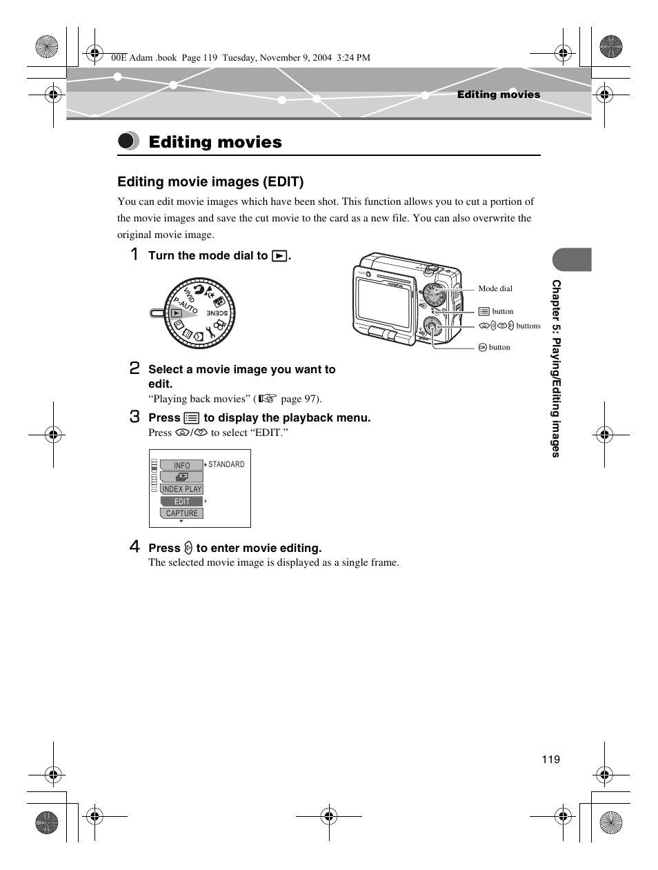 Editing movies, Editing movie images (edit) | Olympus IR-500 User Manual | Page 119 / 259