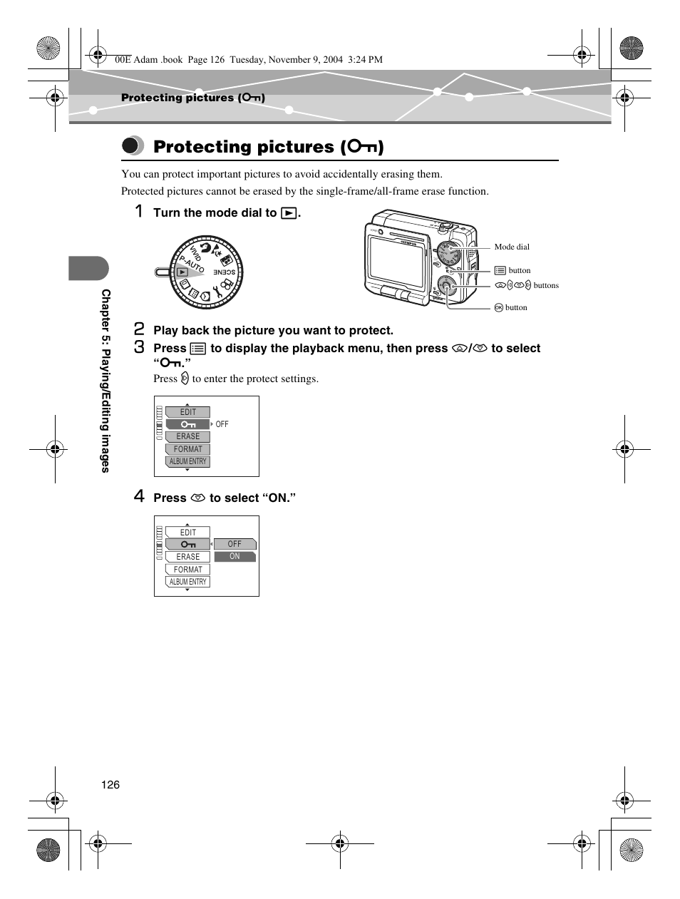 Protecting pictures (0), Protecting pictures, P.126 | Protecting pictures ( 0 ) | Olympus IR-500 User Manual | Page 126 / 259