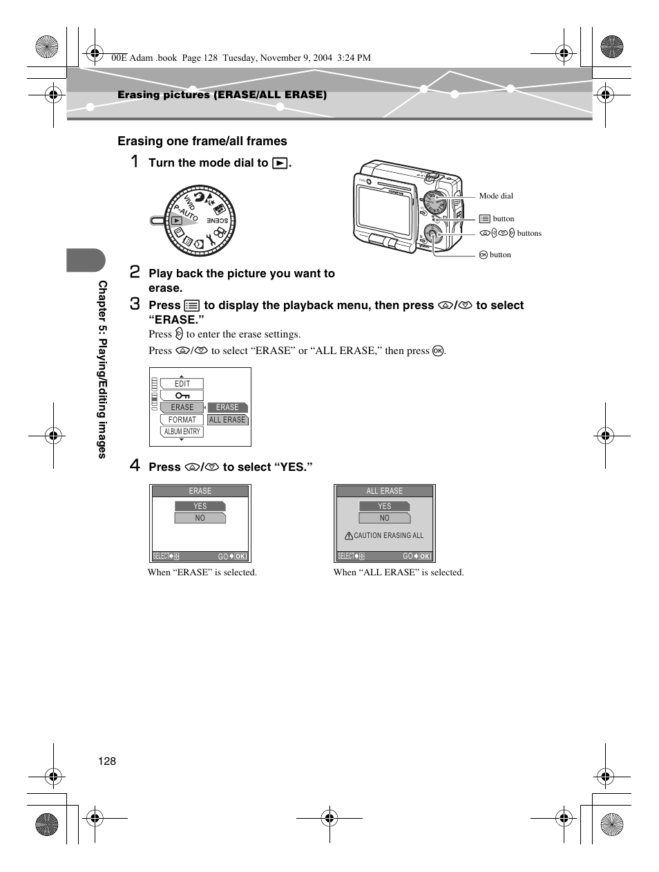 Erasing one frame/all frames | Olympus IR-500 User Manual | Page 128 / 259