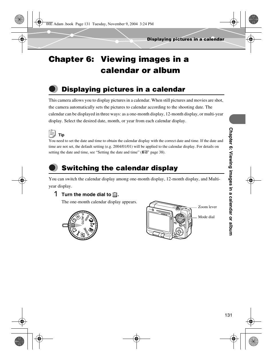 Chapter 6: viewing images in a calendar or album, Displaying pictures in a calendar, Switching the calendar display | P.131 | Olympus IR-500 User Manual | Page 131 / 259