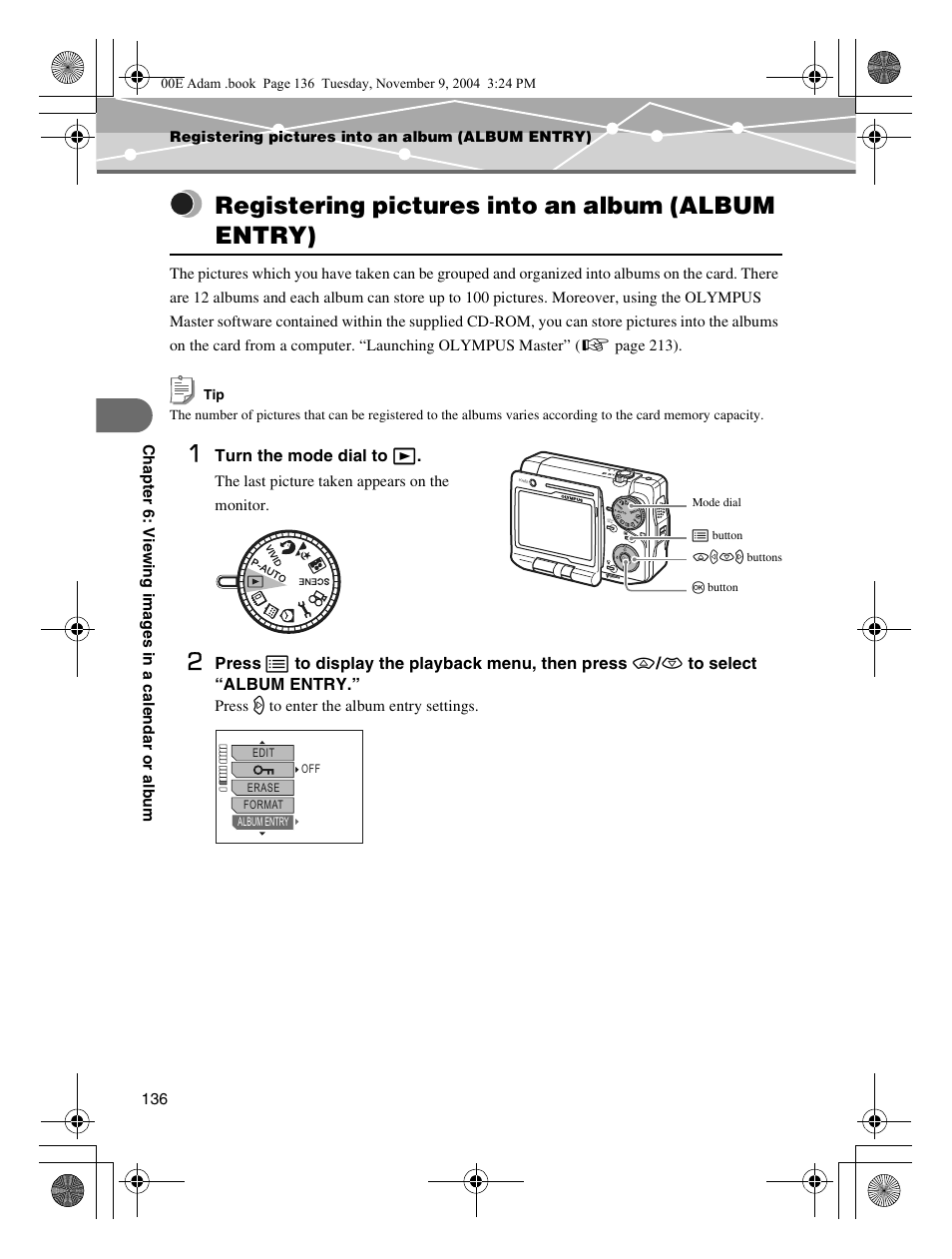 Registering pictures into an album (album entry) | Olympus IR-500 User Manual | Page 136 / 259