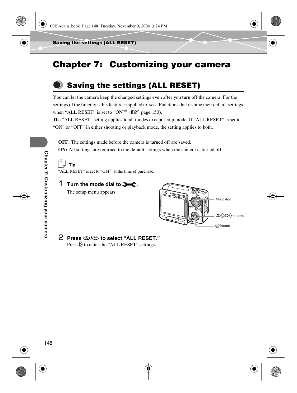 Chapter 7: customizing your camera, Saving the settings (all reset) | Olympus IR-500 User Manual | Page 148 / 259