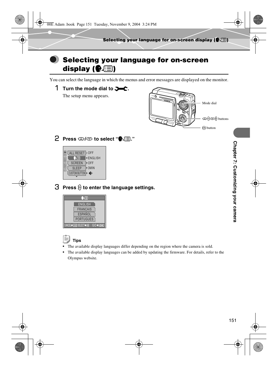 Selecting your language for on-screen display (w) | Olympus IR-500 User Manual | Page 151 / 259