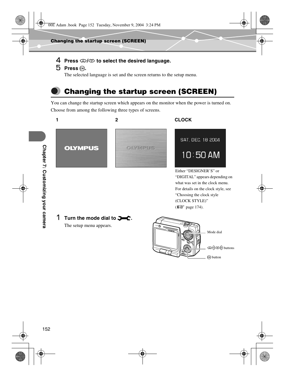 Changing the startup screen (screen) | Olympus IR-500 User Manual | Page 152 / 259