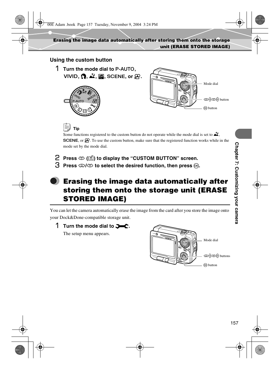 Erase stored image), Using the custom button | Olympus IR-500 User Manual | Page 157 / 259