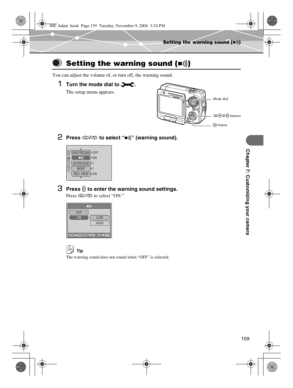 Setting the warning sound (8), Setting the warning sound, Setting the warning sound ( 8 ) | Olympus IR-500 User Manual | Page 159 / 259