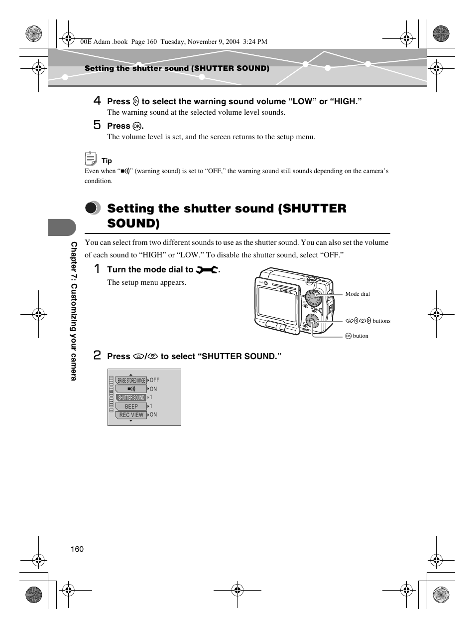Setting the shutter sound (shutter sound) | Olympus IR-500 User Manual | Page 160 / 259