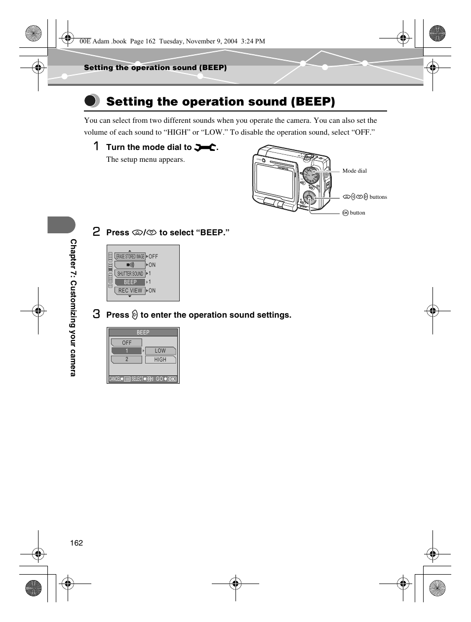 Setting the operation sound (beep) | Olympus IR-500 User Manual | Page 162 / 259